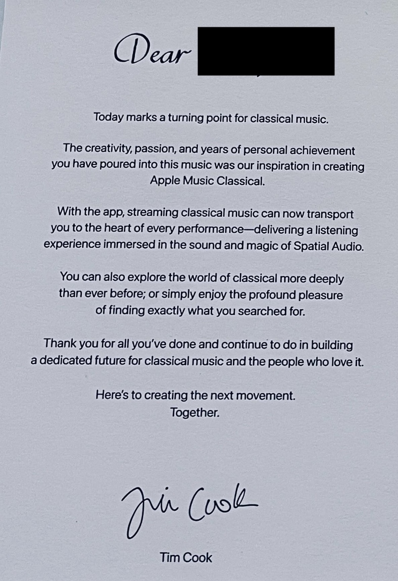 The Apple Music Classical launch letter signed by Tim Cook, recipient name redacted