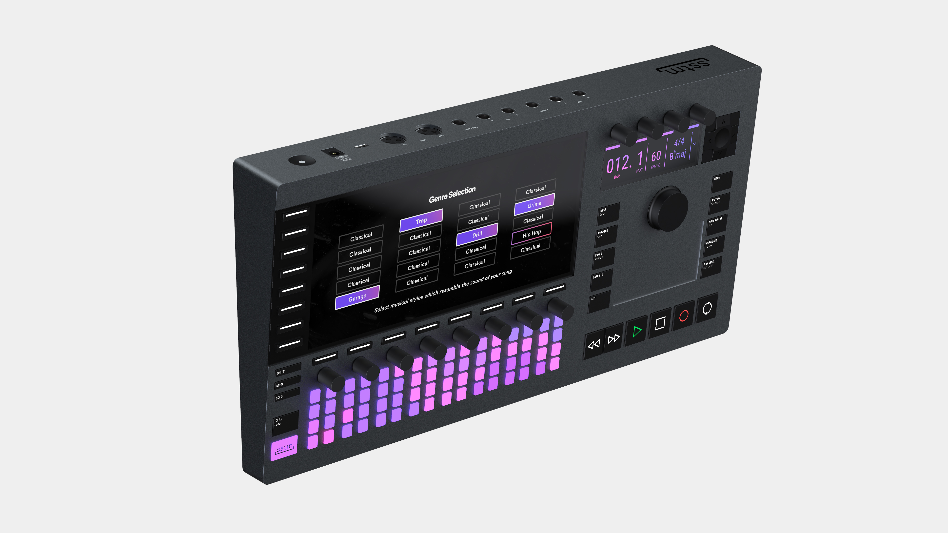 SSTM AI music production system, three-quarter render showing the genre selection interface